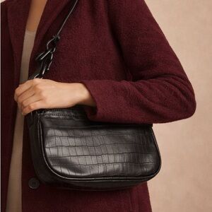 Black Croc Embossed Shoulder Bag Trendy Baguette Purse